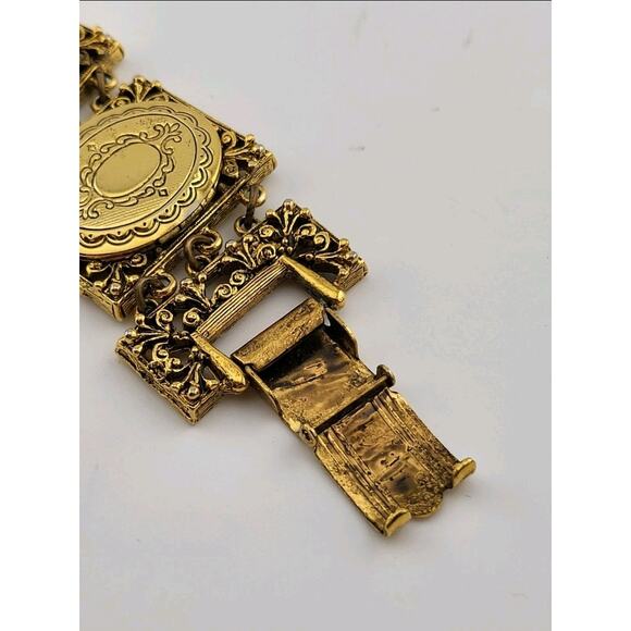 Vintage ART Signed Gold Tone Photo Locket Panel Bracelet Victorian Revival - Picture 3 of 10